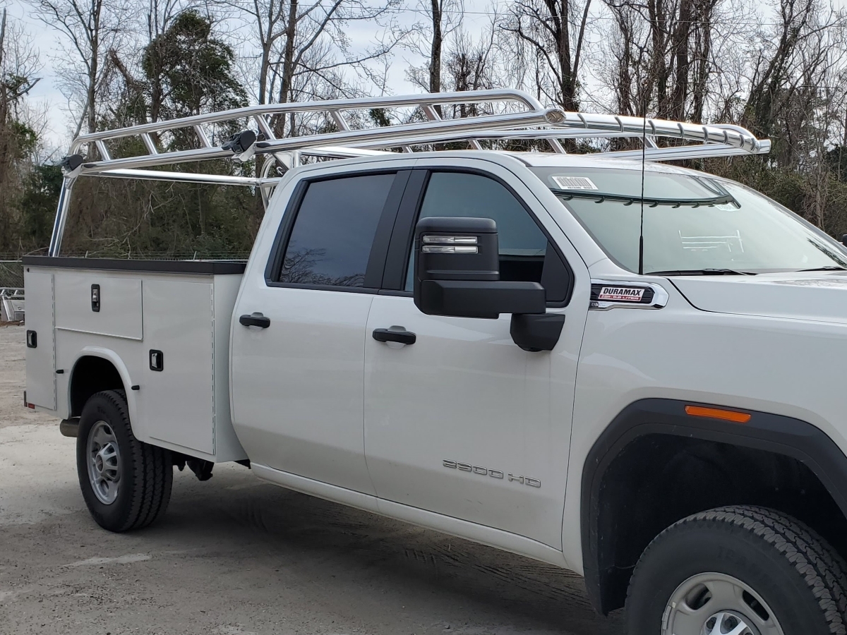 gmc 3500 hd, custom rack, aluminum ladder rack, utility truck rack