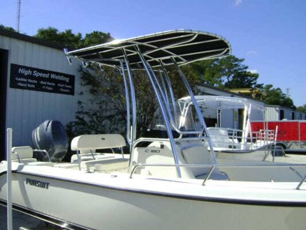 Canvas T Top Pursuit boat at High Speed Welding shop