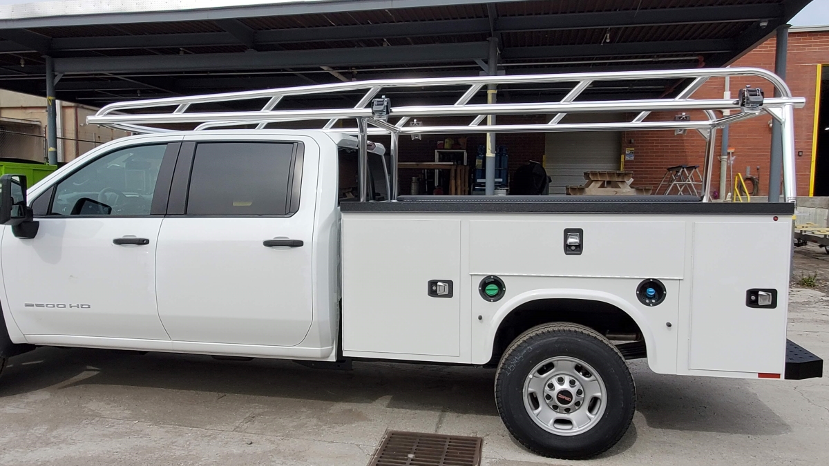 flip-top service body, aluminum truck rack, knapheide bed, work truck rack