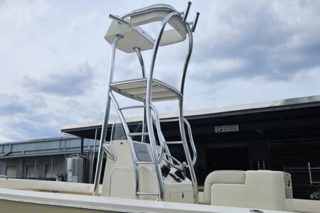 angled view of custom aluminum tower on center console boat