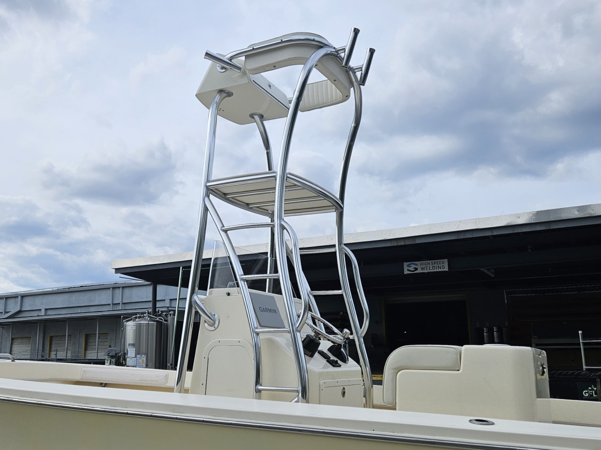 angled view of custom aluminum tower on center console boat