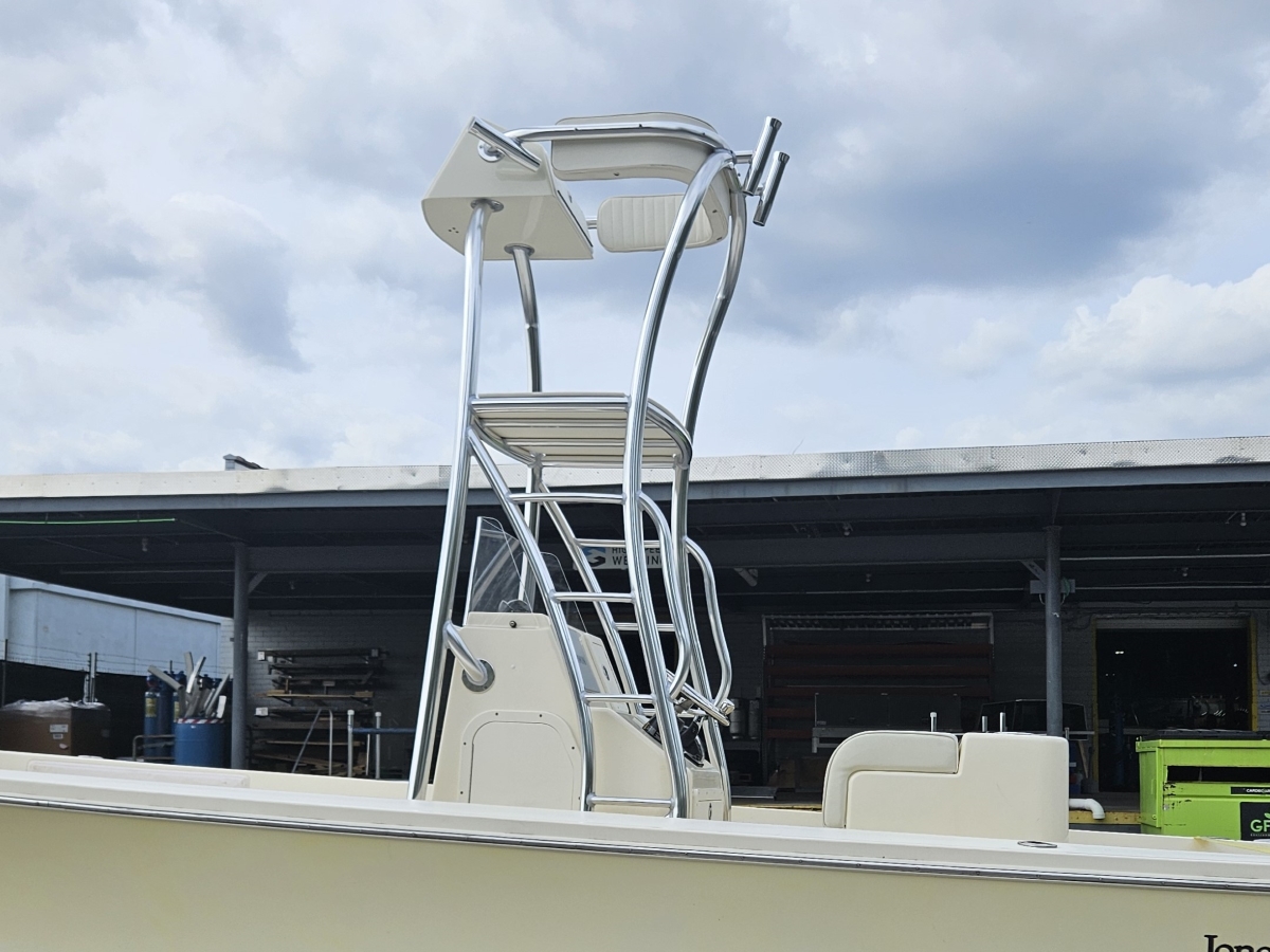 profile view of center console boat with custom aluminum tower