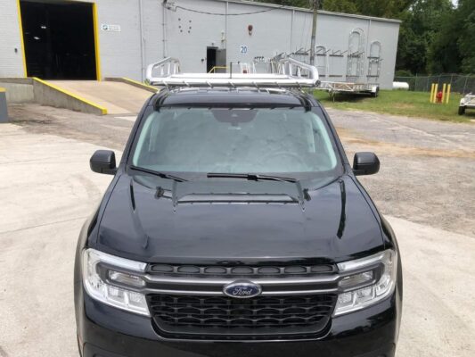 Front angle showing the low-profile height of the Ford Maverick ladder rack.