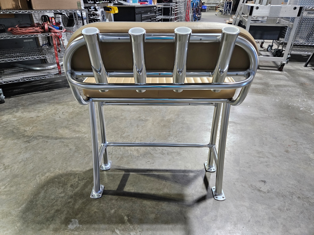 Back view showing welded aluminum frame and rocket launcher.