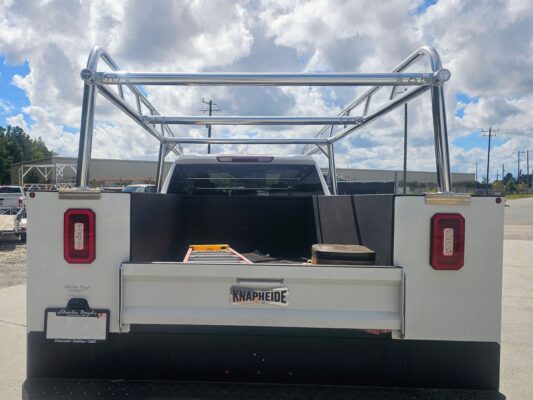 Rear view of the Ryder Rack Service Series mounted on a Knapheide utility body on a GMC Sierra HD.