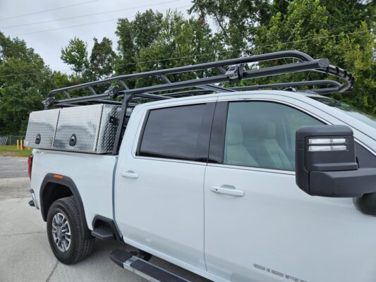 Front-side view of the Pro Series rack and XL topsider box layout on the GMC Sierra.
