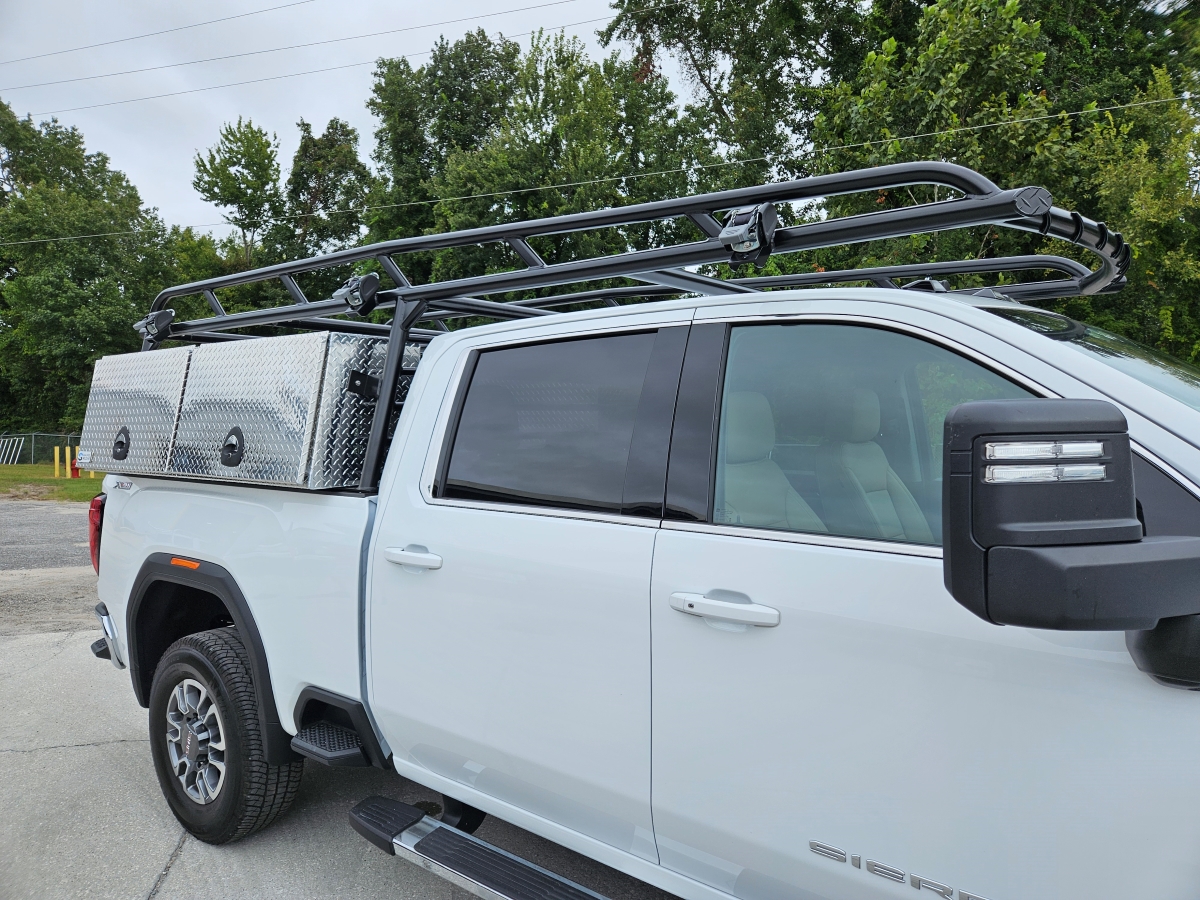 Front-side view of the Pro Series rack and XL topsider box layout on the GMC Sierra.